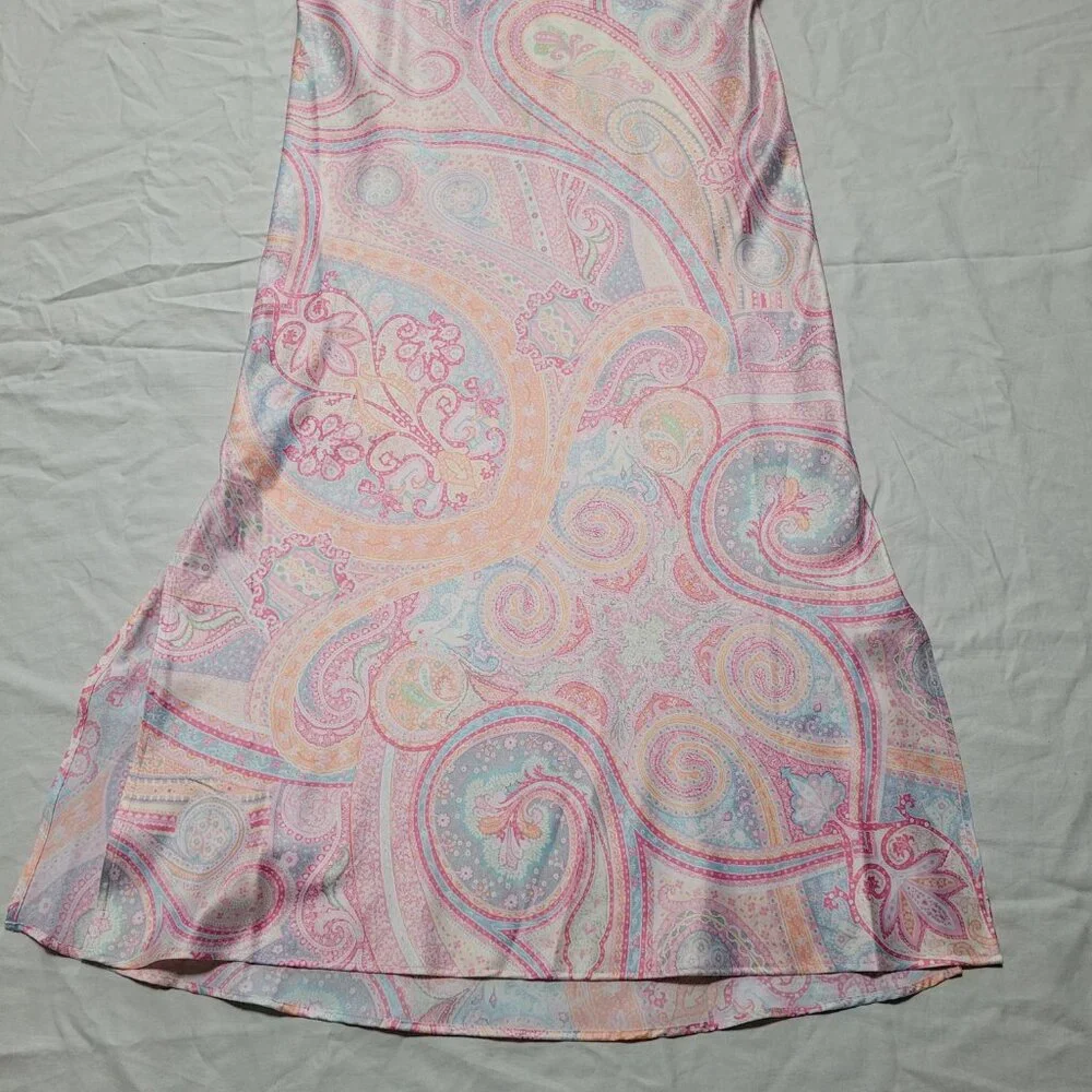 Ralph Lauren Maxi Slip Dress Nightgown Paisley Pink Adjustable Straps Sexy Slits